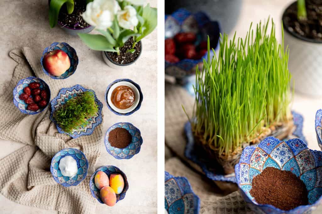 Norouz(波斯新年)的传统haft-sin表的完整指南，包括7个基本项目，常见的附加项目，和波斯甜点。bob电子体育竞猜| aheadofthyme.com