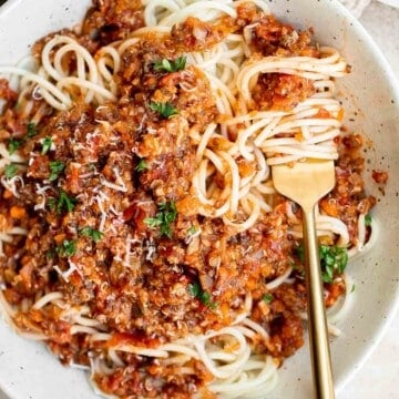 这素食牛肉面是一个快速和容易vegetable-packed面食味道,质地,和善良传统的意大利肉酱面没有肉。| aheadofthyme.com