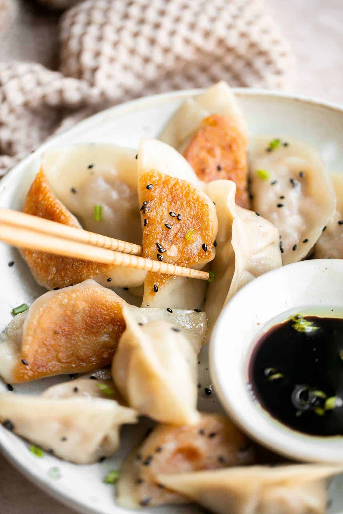 泡菜饺子是美味,美味,可口的。这些Korean-inspired饺子被烙印和蒸创造经典的脆皮底锅贴。| aheadofthyme.com