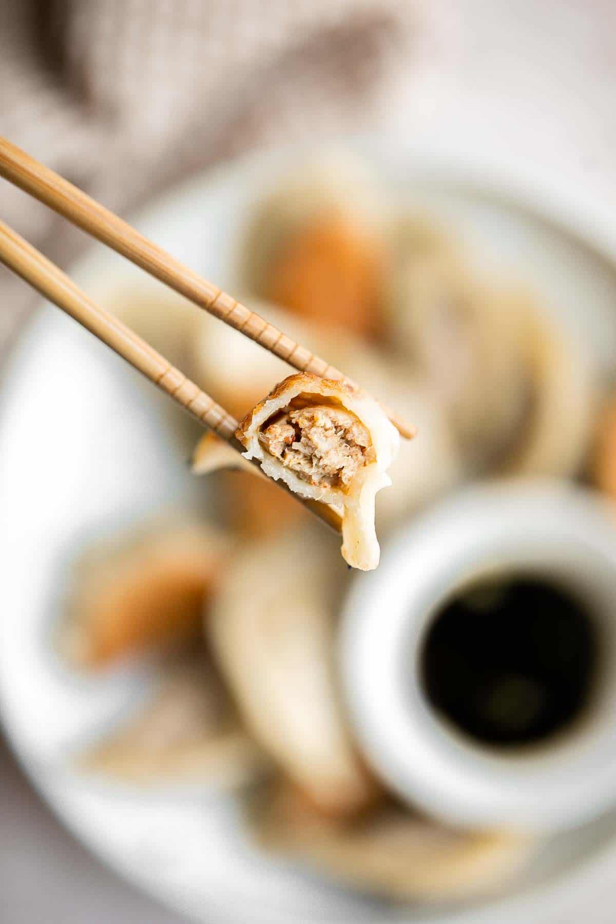 泡菜饺子是美味,美味,可口的。这些Korean-inspired饺子被烙印和蒸创造经典的脆皮底锅贴。| aheadofthyme.com